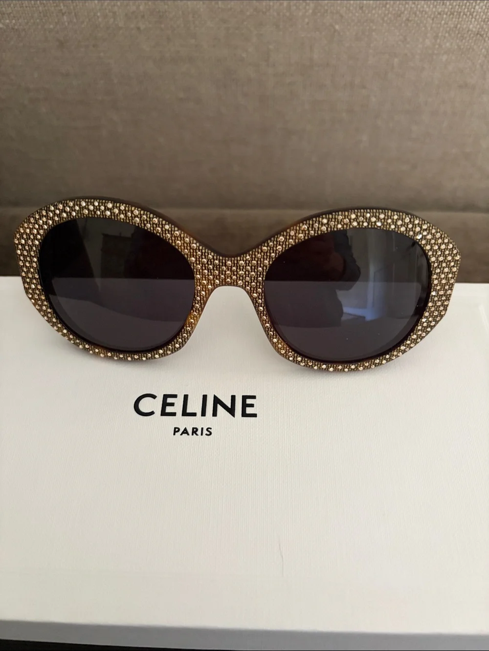 Celine Crystal-Embellished Round Sunglasses - Gold Frame, Black Lenses